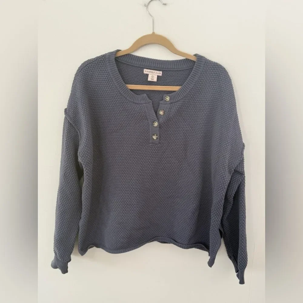 Sincerely Jules Slate Blue Waffle Knit 3/4 button Sweater size large